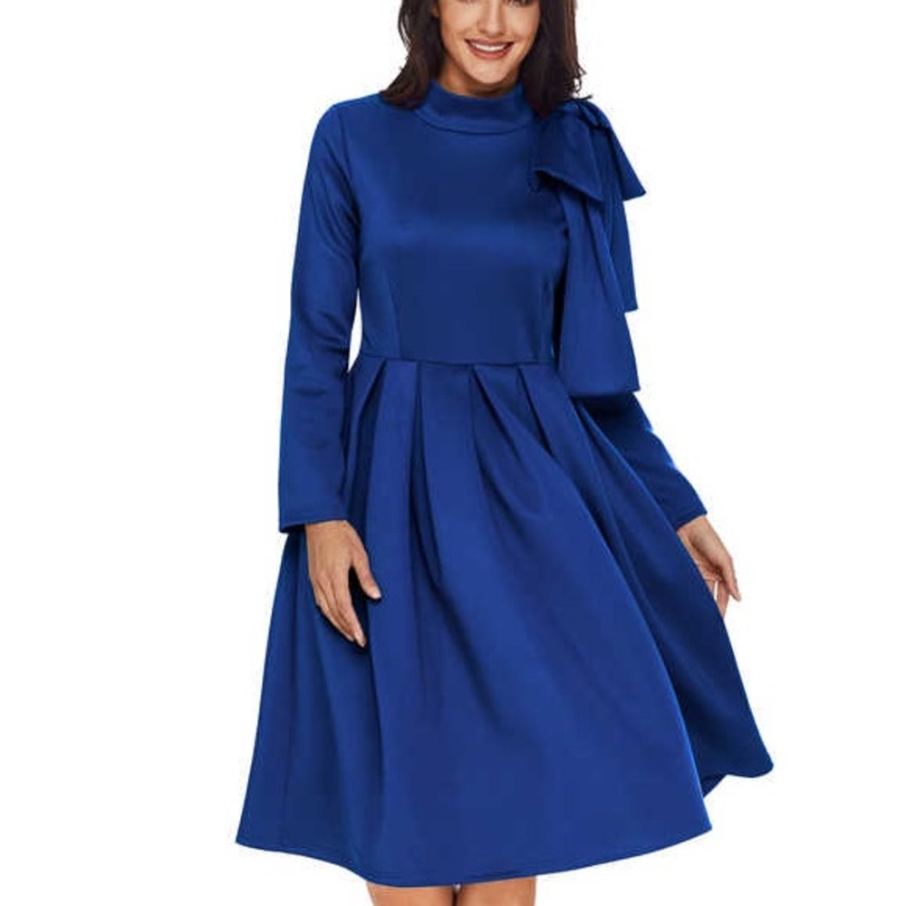 Solid Blue Dress Mock Neck Long Sleeve Full Skirt Large Bow on One Shoulder MD